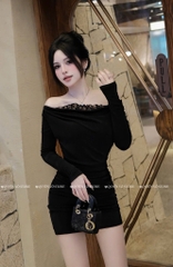 Đầm ôm body phối ren viền - Đen