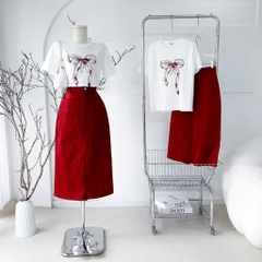 Set áo thun in x chân váy dài đỏ