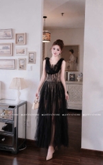Đầm ren chân váy lưới sang chảnh - Đen