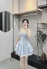 Đầm xanh 2 dây thắt nơ đan