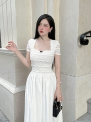 Đầm maxi cổ vuông trắng nơ đen