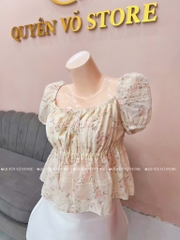 Áo nhún cổ vuông - Hoa hồng