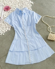 Đầm sơ mi xanh xếp li