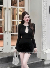 Đầm ôm body lông vũ vòng đá ngực - Đen
