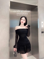 Đầm thun lưới body tay loe - Đen