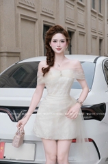 Đầm ren trễ vai phối voan
