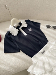 Set áo cổ polo chân váy tầng xòe - Đen