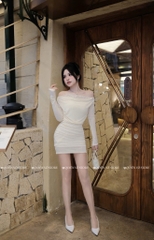 Đầm ôm body phối ren viền - Trắng