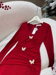 Đầm ôm body tay dài đính bướm - Đen