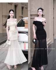 Đầm ôm body trễ vai đá ngực - Kem