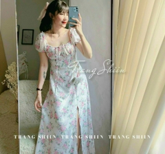 Đầm hoa maxi nhíu ngực xẻ đùi