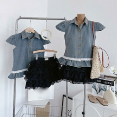 Set áo jean lai bèo chân váy tầng