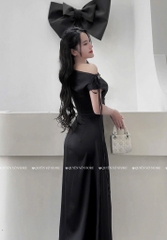 Đầm lụa lệch vai tag bướm - Đen