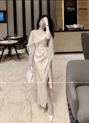 Đầm lụa 2 dây chẻ đùi - Be