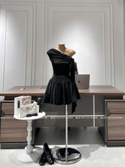 Đầm nhún lệch vai cột nơ - Đen