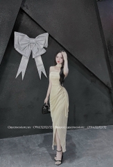 Đầm lụa 2 dây tà xếp li ngực đáp cổ