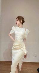 Đầm lụa phối ren hở vai