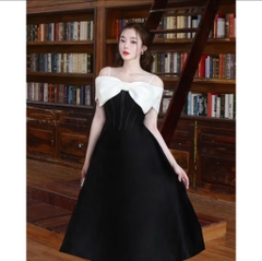 BIGSIZE 55-65kg - Đầm đen trễ vai nơ trắng