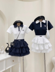 Set áo cổ polo chân váy tầng xòe - Đen