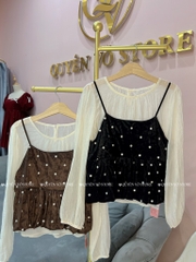 Set áo sơ mi lụa kèm áo 2 dây nhung