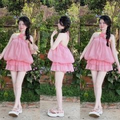 Set áo voan hồng cổ yếm chân váy xòe tầng