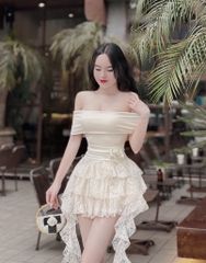 Đầm trễ vai ren tua - Đen