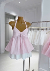 Set áo peplum sọc hồng cổ yếm chân váy xòe
