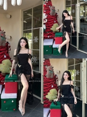 Đầm ren ôm body trễ vai - Đen