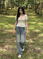 Áo nhún cổ vuông - chấm bi