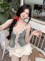 Set áo 2 dây jean viền ren chân váy tầng