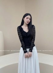 Áo ren ôm body cổ V bèo - Đen 1511