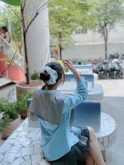 Set sơ mi xanh x choàng cổ x chân váy xếp ly