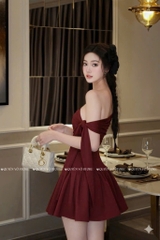 Đầm nhún lệch vai cột nơ - Đỏ