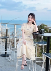 Đầm midi nude nền hoa cổ tròn - Freesize dưới 55kg