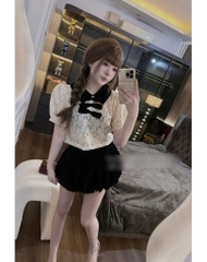 Set áo ren nude cổ sen chân váy bí