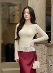 Áo ren ôm body cổ tròn tay dài - Kem 1505