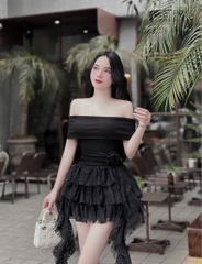 Đầm trễ vai ren tua - Đen