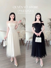 Đầm ren trễ vai phối lưới dáng dài - Đen