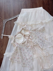 Set áo xô thêu áo 2 dây cột Babydoll chân váy maxi