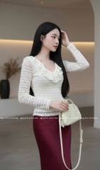Áo ren ôm body cổ V bèo - Kem 1511