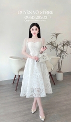 Đầm ren voan tay tiên cổ tròn - Trắng