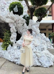 Set áo nude trễ vai x chân váy lưới - Freesize