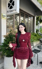 Đầm ren ôm body tay dài - Đỏ