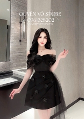 Đầm trễ vai lưới đính hoa - Đen