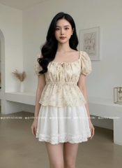 Áo nhún cổ vuông - Hoa hồng