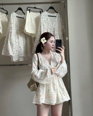 Set Babydoll hoa cổ V tay loe
