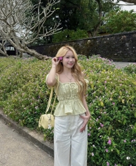 Set áo nhún tay phồng quần suông trắng