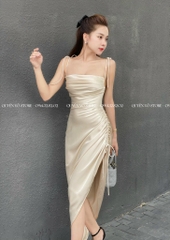 Đầm lụa 2 dây rút 1 bên