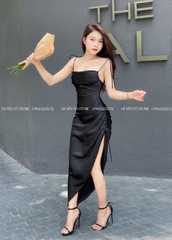 Đầm lụa 2 dây rút 1 bên