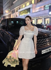 Đầm ren nơ eo viền cườm